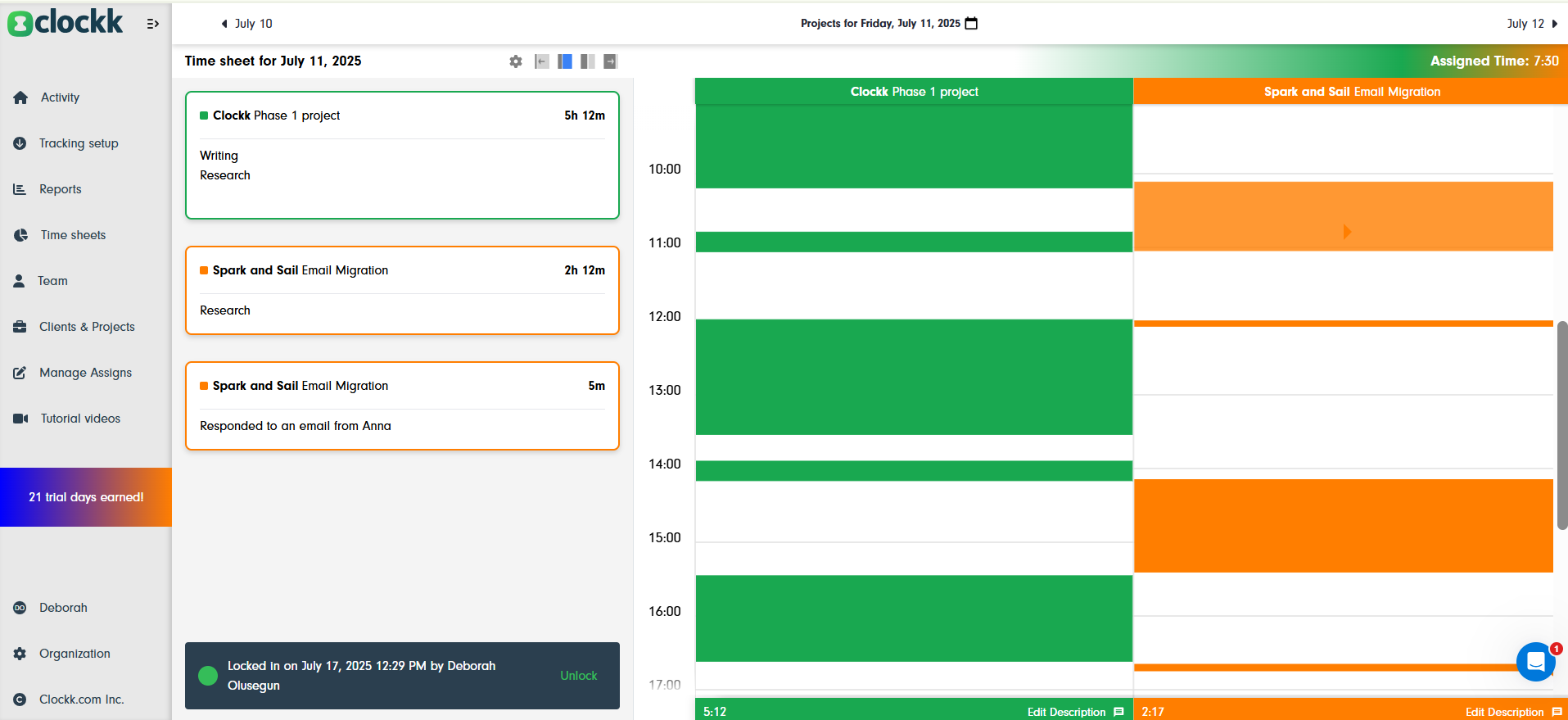 View of Clockk's Activity Tab. Clockk offers an automated time tracker with a user-friendly interface for your remote team.