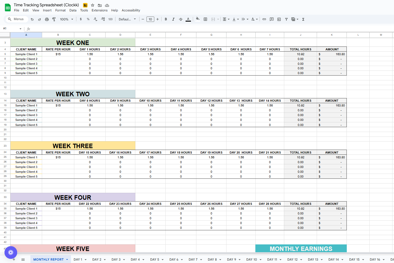 Snapshot of a weekly timesheet in Google Sheets