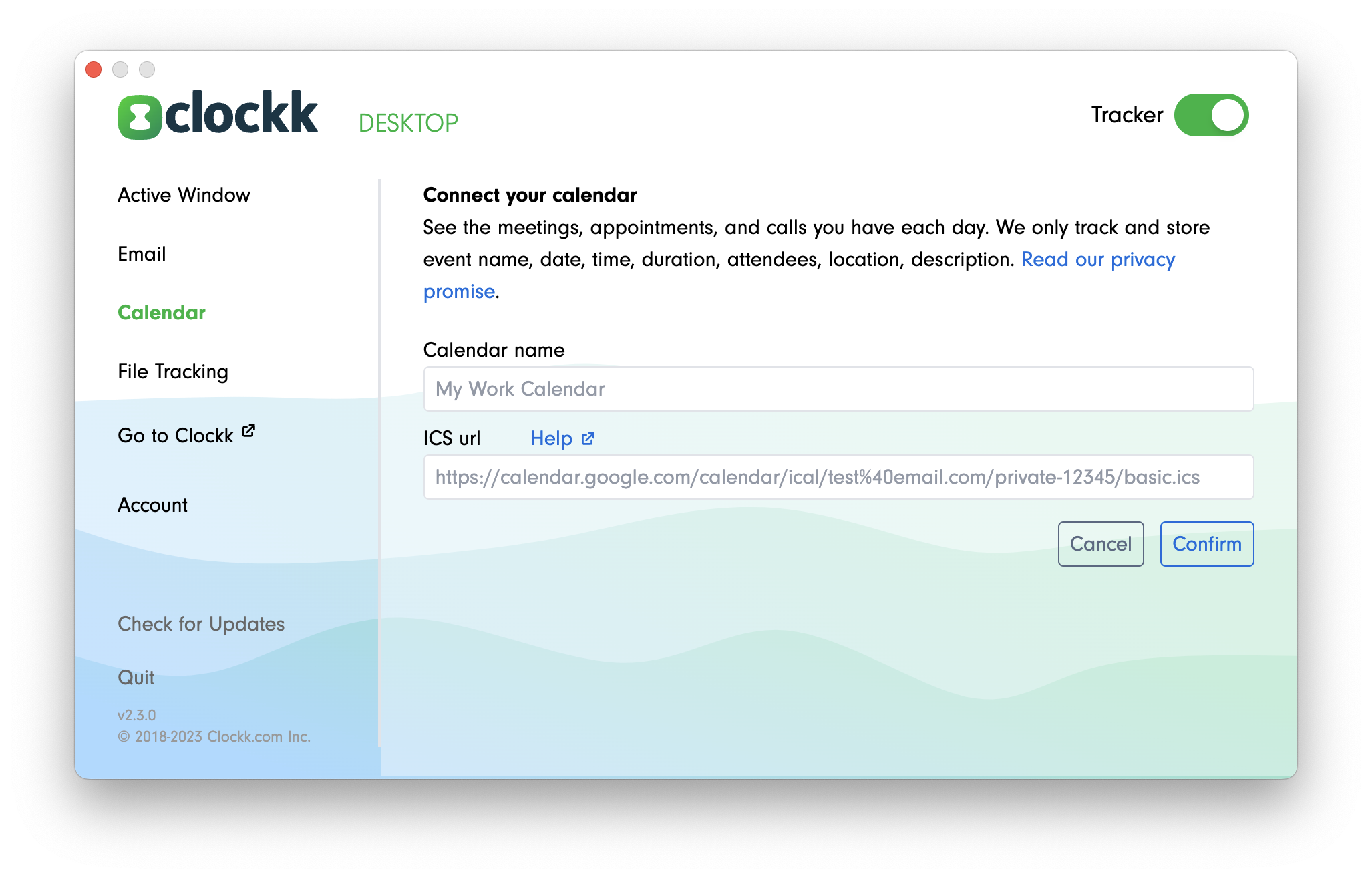 Adding a new .ics feed to the Clockk Desktop app