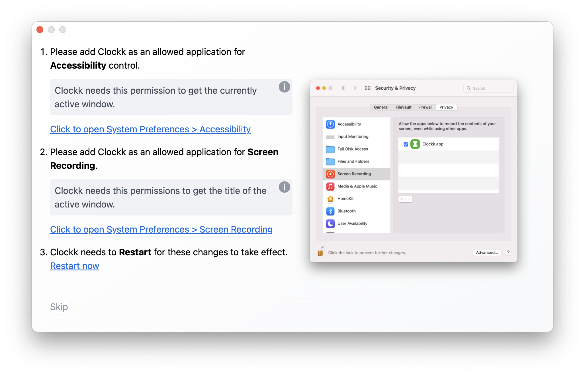 Clockk splash screen showing instructions for how to enable security settings