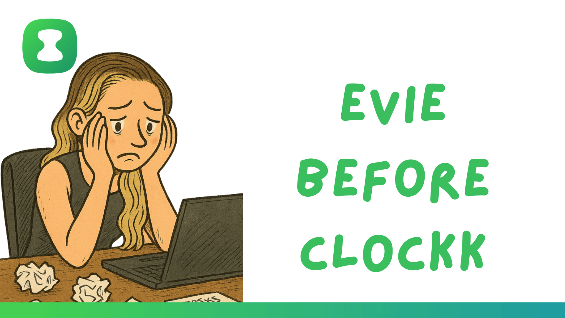 A cartoon of Evie looking sad, illustrating her state of mind before she started using Clockk to track her workday activities as a freelancer with ADHD suffering from time blindness.