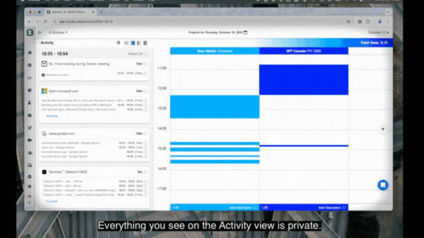 GIF showing how Clockk AI-powered time tracking tool records tasks with time stamps of a user during each day. 
