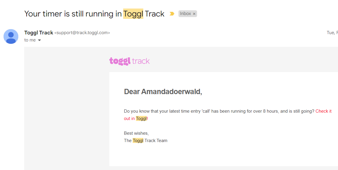 Toggl email reminder